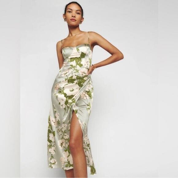 NWT Reformation Marguerite‎ Silk Dress in Tarragon Size 14 - Picture 2 of 15